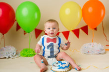 Load image into Gallery viewer, Baby Boy First Birthday Outfit – 5-Piece Cake Smash Set with “One” Onesie, Bow Tie, Leg Warmers, Bib & Party Hat – Dr. Seuss, Carnival or Patriotic Theme