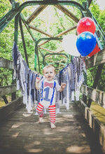 Load image into Gallery viewer, Baby Boy First Birthday Outfit – 5-Piece Cake Smash Set with “One” Onesie, Bow Tie, Leg Warmers, Bib & Party Hat – Dr. Seuss, Carnival or Patriotic Theme