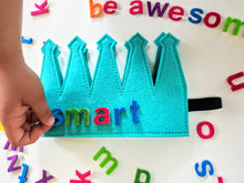 Load image into Gallery viewer, Kids Alphabet Crown – Light Turquoise Felt Toy with 60+ Reusable Letters for Learning & Play