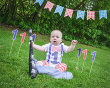 Load image into Gallery viewer, Baby Boy First Birthday Outfit – 5-Piece Cake Smash Set with “One” Onesie, Bow Tie, Leg Warmers, Bib & Party Hat – Dr. Seuss, Carnival or Patriotic Theme