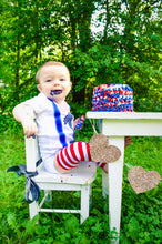 Load image into Gallery viewer, Baby Boy First Birthday Outfit – 5-Piece Cake Smash Set with “One” Onesie, Bow Tie, Leg Warmers, Bib & Party Hat – Dr. Seuss, Carnival or Patriotic Theme