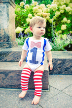 Load image into Gallery viewer, Baby Boy First Birthday Outfit – 5-Piece Cake Smash Set with “One” Onesie, Bow Tie, Leg Warmers, Bib & Party Hat – Dr. Seuss, Carnival or Patriotic Theme