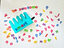 Load image into Gallery viewer, Kids Alphabet Crown – Light Turquoise Felt Toy with 60+ Reusable Letters for Learning & Play