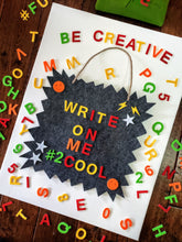 Load image into Gallery viewer, Kids Felt Letter Board – Dark Gray Sign with 130+ Reusable Letters & Symbols, Fun Comic Shape with Hanging Rope