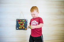 Load image into Gallery viewer, Kids Felt Letter Board – Dark Gray Sign with 130+ Reusable Letters & Symbols, Fun Comic Shape with Hanging Rope