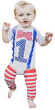 Load image into Gallery viewer, Baby Boy First Birthday Outfit – 5-Piece Cake Smash Set with “One” Onesie, Bow Tie, Leg Warmers, Bib & Party Hat – Dr. Seuss, Carnival or Patriotic Theme