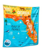 Load image into Gallery viewer, Various States Facts Map Tapestry – Educational Fabric Poster with State Capitals, Flags, Animals & Cities – 40"–60" Wall Hanging for Kids