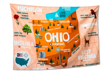 Load image into Gallery viewer, Various States Facts Map Tapestry – Educational Fabric Poster with State Capitals, Flags, Animals & Cities – 40"–60" Wall Hanging for Kids