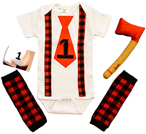 Baby Boy First Birthday Outfit – Lumberjack Cake Smash Set with Plaid Onesie, Leg Warmers & Plush Axe
