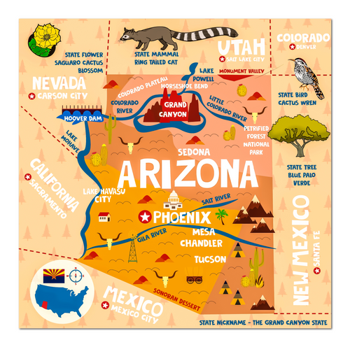 Arizona State Map Tapestry – Educational Wall Hanging for Kids (60