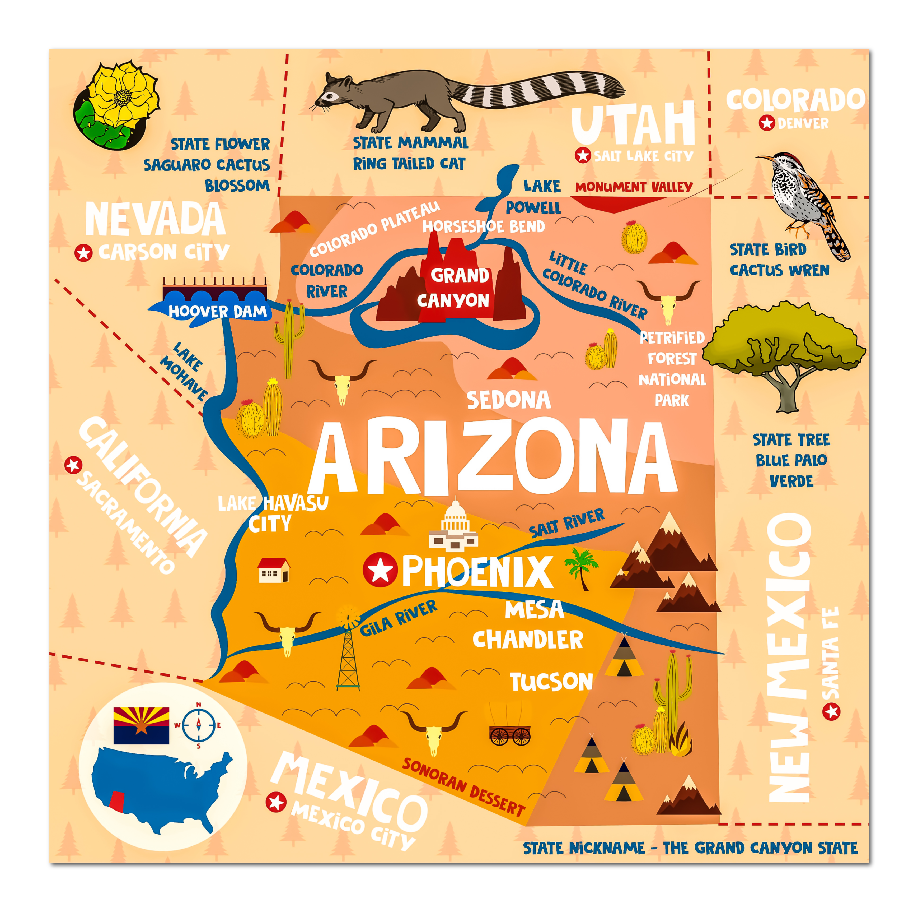 Arizona State Map Tapestry – Educational Wall Hanging for Kids (60\, image size:3476x3451