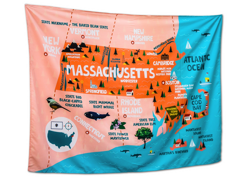 Massachusetts State Map Tapestry – Educational Wall Hanging for Kids (62