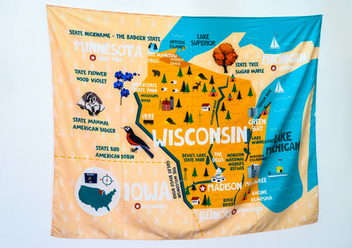 Wisconsin State Map Tapestry – Educational Wall Hanging for Kids (60