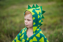Load image into Gallery viewer, This pattern is shades of green dinosaur print on one side with a spiked hood and green spike dino pattern on the reverse, roar t-rex!