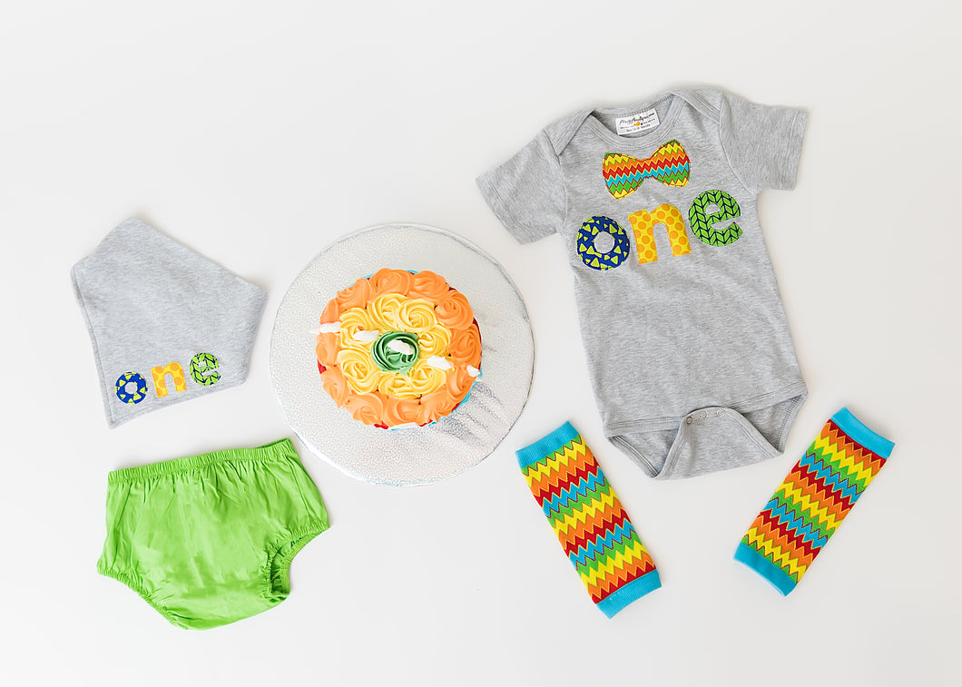 Baby Boy First Birthday Outfit – “One” Onesie Set with Colorful Monster Bow Tie, Bib & Striped Leg Warmers – Cake Smash & Photo Ready